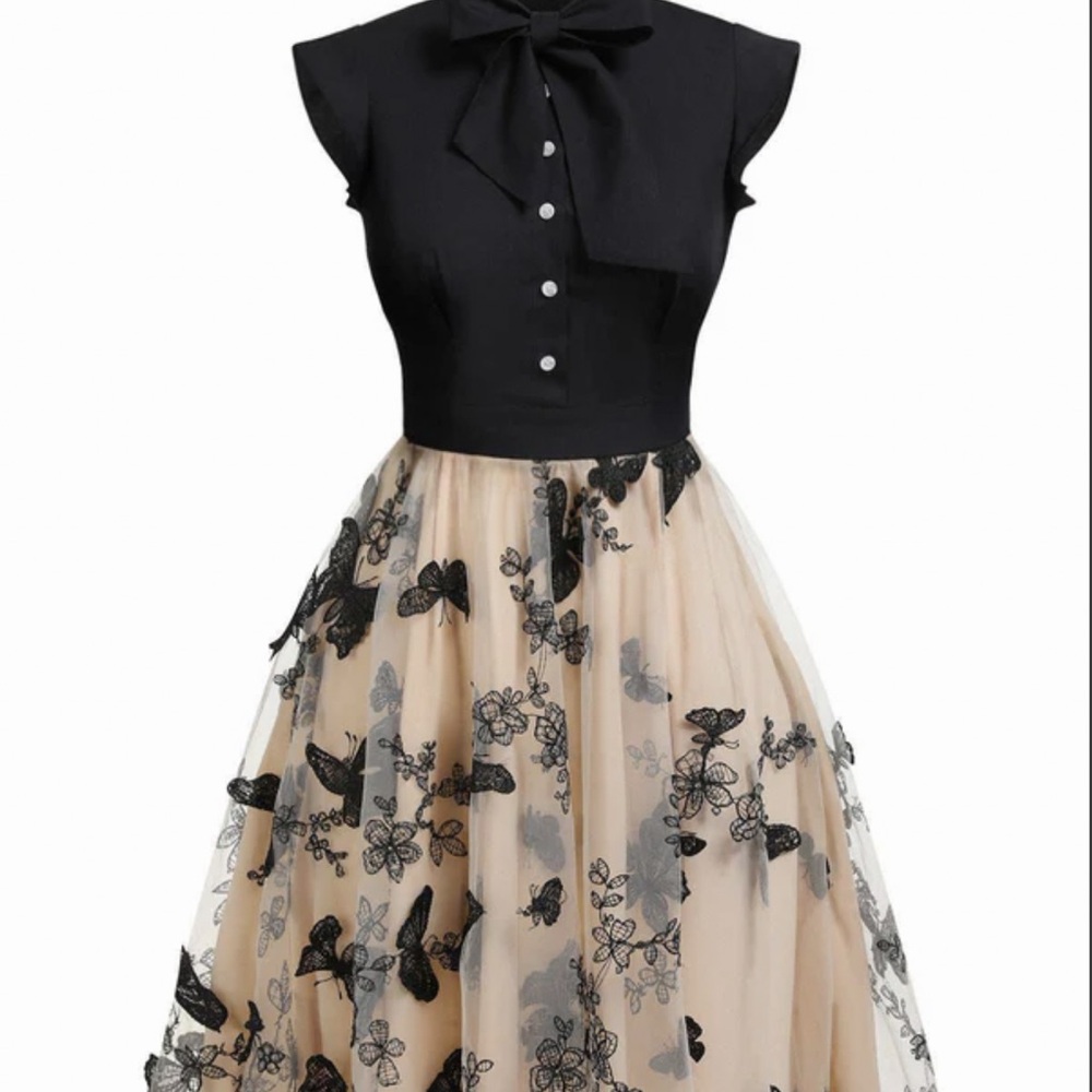 Vintage Style Elegant Black and Cream Butterfly Dress